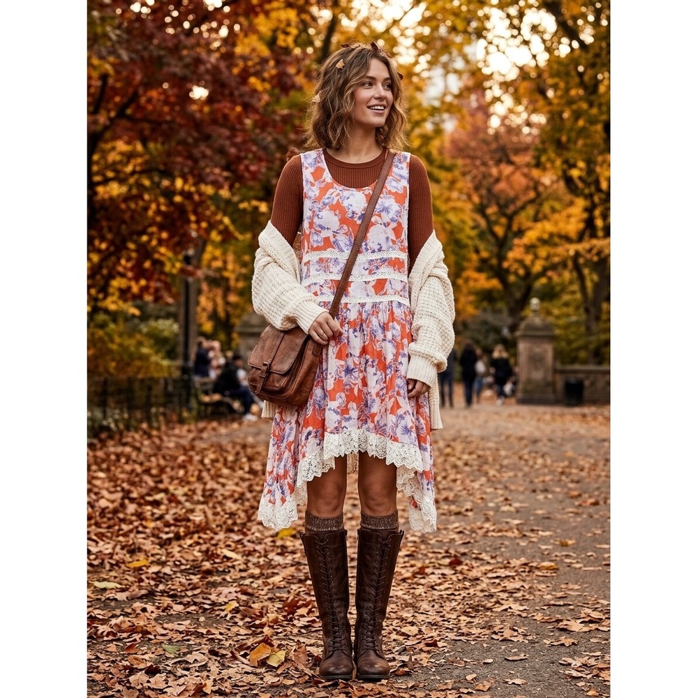 Simply Noelle Floral Lace Trim Asymmetrical Hem Sleeveless Dress Orange XS 4-6
